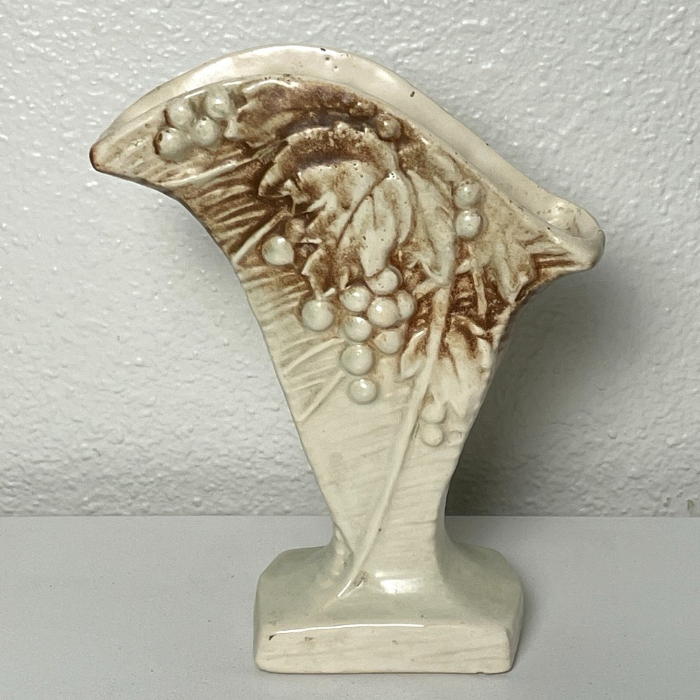 Vintage McCoy Art Pottery Vase Grapes & Leaves Light Blue & Brown Rustic 1940s